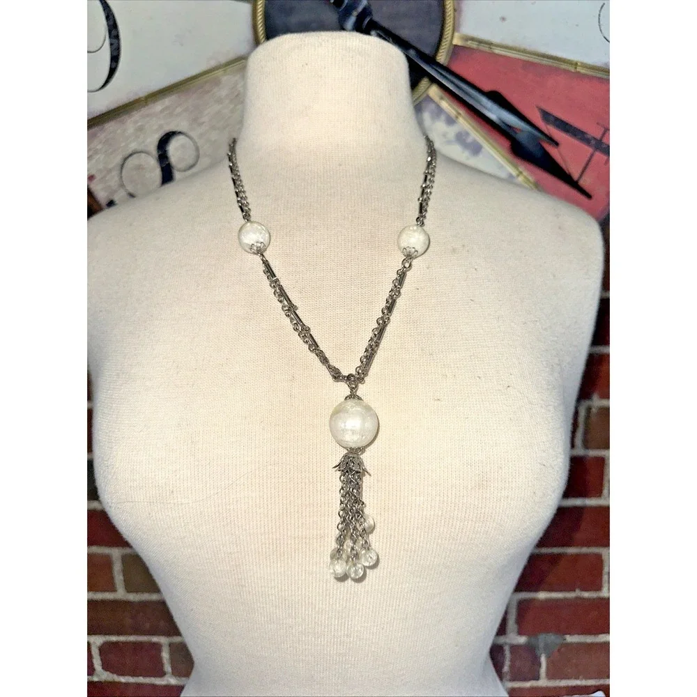 Tassel Pendant Necklace Womens OS Silver Clear Faux Pearl Crackle Glass